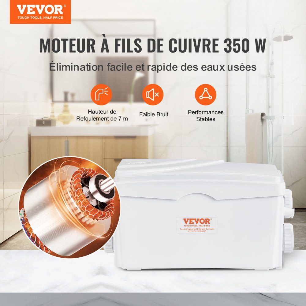 Lifting system, 350 W, 6000 l/h flow, 7 m delivery height, wastewater pump with 3 water inlets for cellar, kitchen, sink, shower, bathtub, laundry wastewater disposal, dishwasher