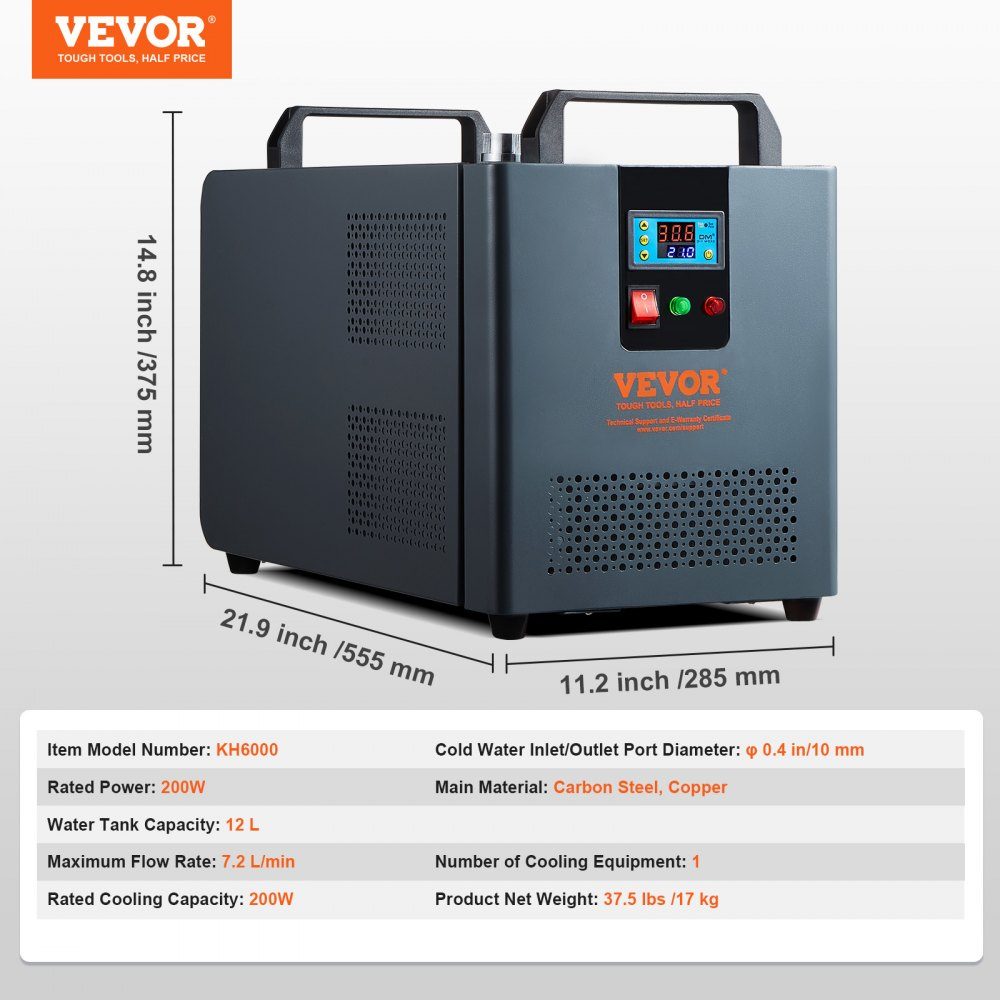 Industrial Water Chiller, KH-6000, 200W Industrial Water Chiller Cooling System with Compressor, 12L Water Tank Capacity, 7.8L/min Maximum Flow Rate, for CO2 Laser Engraving Machine Cooling Machine