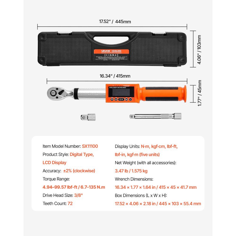 3/8" Drive (6.7-135Nm) Digital Torque Wrench Set, 72 Teeth, ±2% Precise Electronic Torque Wrench with Preset Value and LED Notification for Car Repair