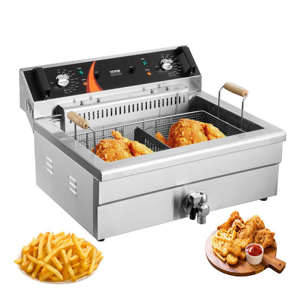Commercial Deep Fryer, 2250W Electric Deep Fryer with Basket, 20L Large Capacity Countertop Oil Fryer, Stainless Steel, Temperature Control, for Kitchen Restaurant Use, Silver