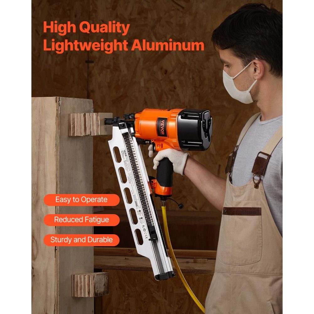 Air Nailer 50 to 90mm 21 Degree Round Head Pneumatic Nail Gun with Dual Trigger Modes and Depth Adjustment 80-120 PSI Pro Air Nailer for Framing, Flooring and Decking