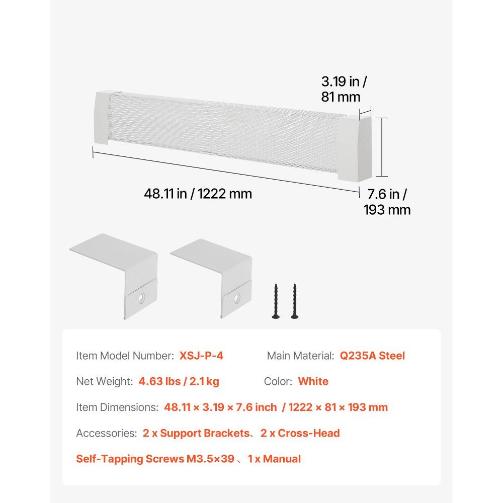 Premium Series Heater Covers 1222 x 81 x 193mm Standard Electric Radiator Front Cover Heavy Duty Steel Replacement Cover for Bedroom White