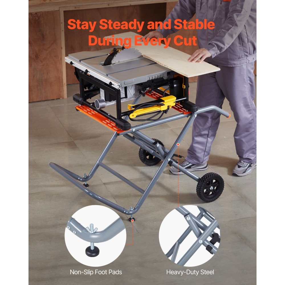 Table Saw Stand, 158kg Load Capacity, Rolling Folding Base with 8" Rubber Wheels, Easy Storage, Universal for Most Brands Table Saws, 1100 x 760 x 620mm