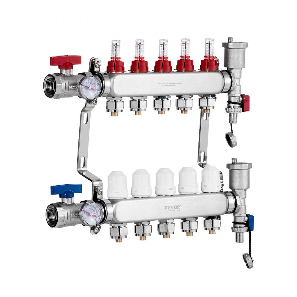 5 Branch Heat Spreader, 1/2" PEX Pipe Manifold, Stainless Steel PEX Manifold for Hydronic Underfloor Heating, Heat Distribution PEX Manifold Kit with 1/2" Adapters Included