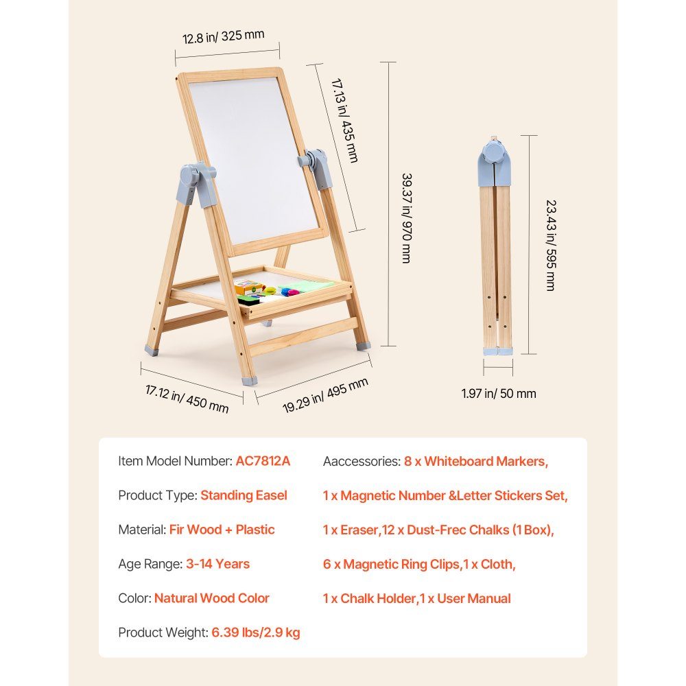 Kunststaffelei für Kinder, 2-in-1-Kunststaffelei aus Holz, doppelseitig mit magnetischem Whiteboard und Kreidetafel, verstellbares, stehendes, drehbares, klappbares Zeichenbrett mit Malzubehör für Jungen und Mädchen