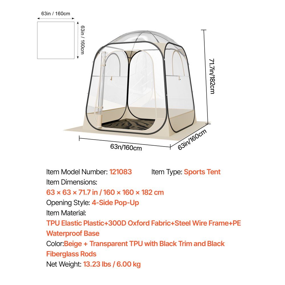 Tente transparente 160 x 160 x 182 cm Tente pop-up pour 2 à 4 personnes Tente de sport avec tapis de sol et couverture supérieure Tente à bulles extérieure Abri de camping pour événements Pêche Acclamations