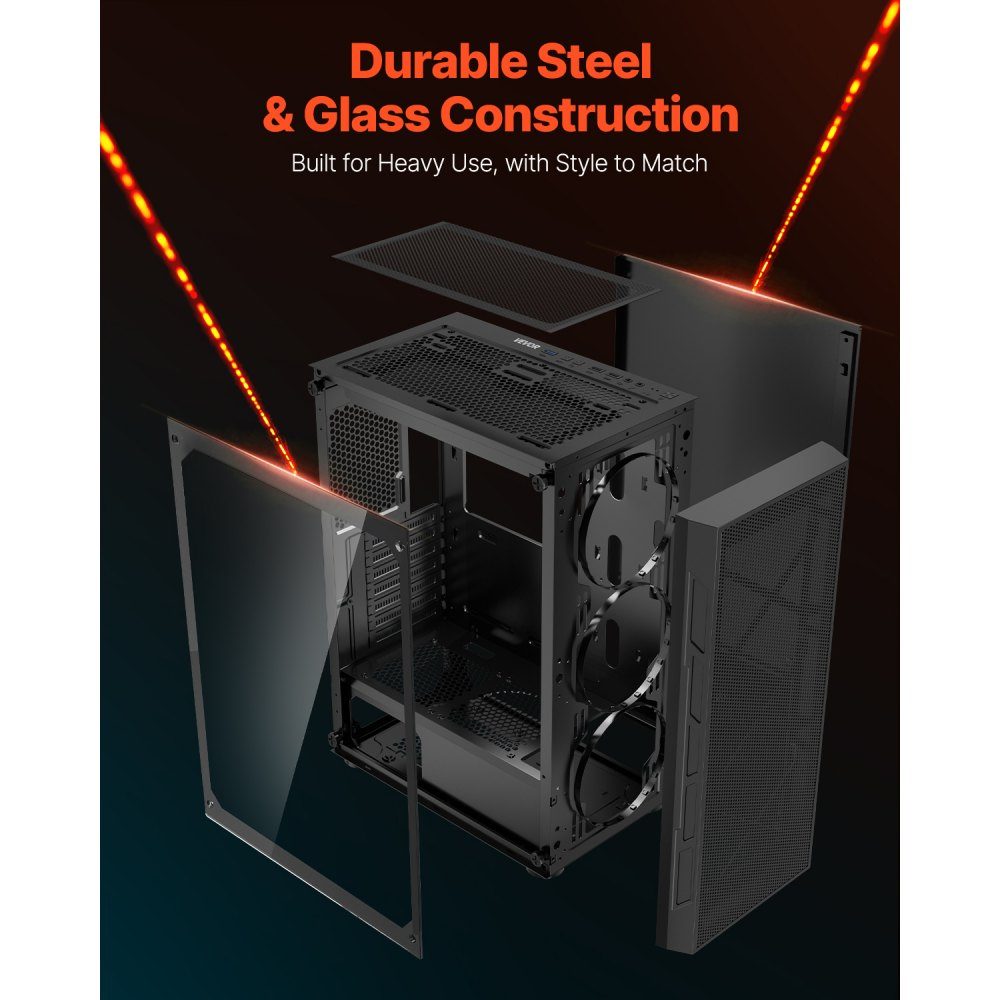 PC Gaming Case, Mid-Tower, High Airflow Tempered Glass Panel, Dust Filter, 3x 120mm ARGB Fans, Cable Management, for GPUs up to 320mm Length, for ATX / M-ATX / ITX