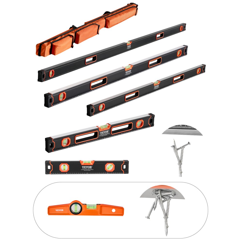 Ensemble de 6 niveaux à bulle, boîte de 200/120/80/60/40/25 cm, règle libellule pour 45/90/180 degrés, outil de mesure en alliage d'aluminium (seulement 25 cm avec aimant) Ensemble de 6 niveaux à bulle, boîte de 200/120/80/60/40/25 cm, règle libellule pour 45/90/180 degrés, outil de mesure en alliage d'aluminium (seulement 25 cm avec aimant)