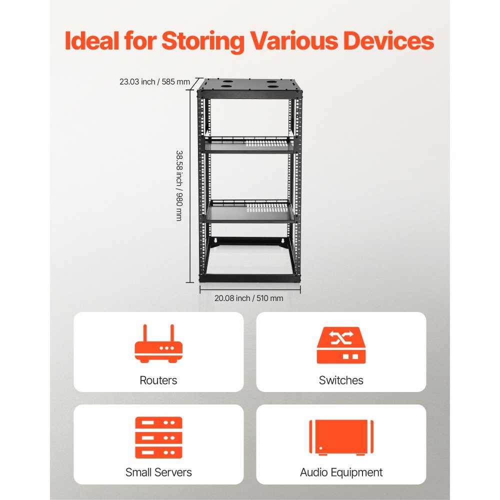 20U open frame network rack, 585mm depth, wall mount or floor standing server rack, 4 post construction, with ventilated shelves and mounting accessories, for network IT equipment and AV equipment