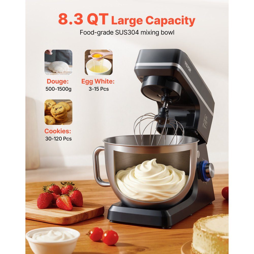 Food Processor Dough Mixer 1400W 7.84L Food Processor with Tilting Head Stainless Steel Bowl Dough Hook Whisk Scraper, Household Food Processor for Baking and Mixing, Black
