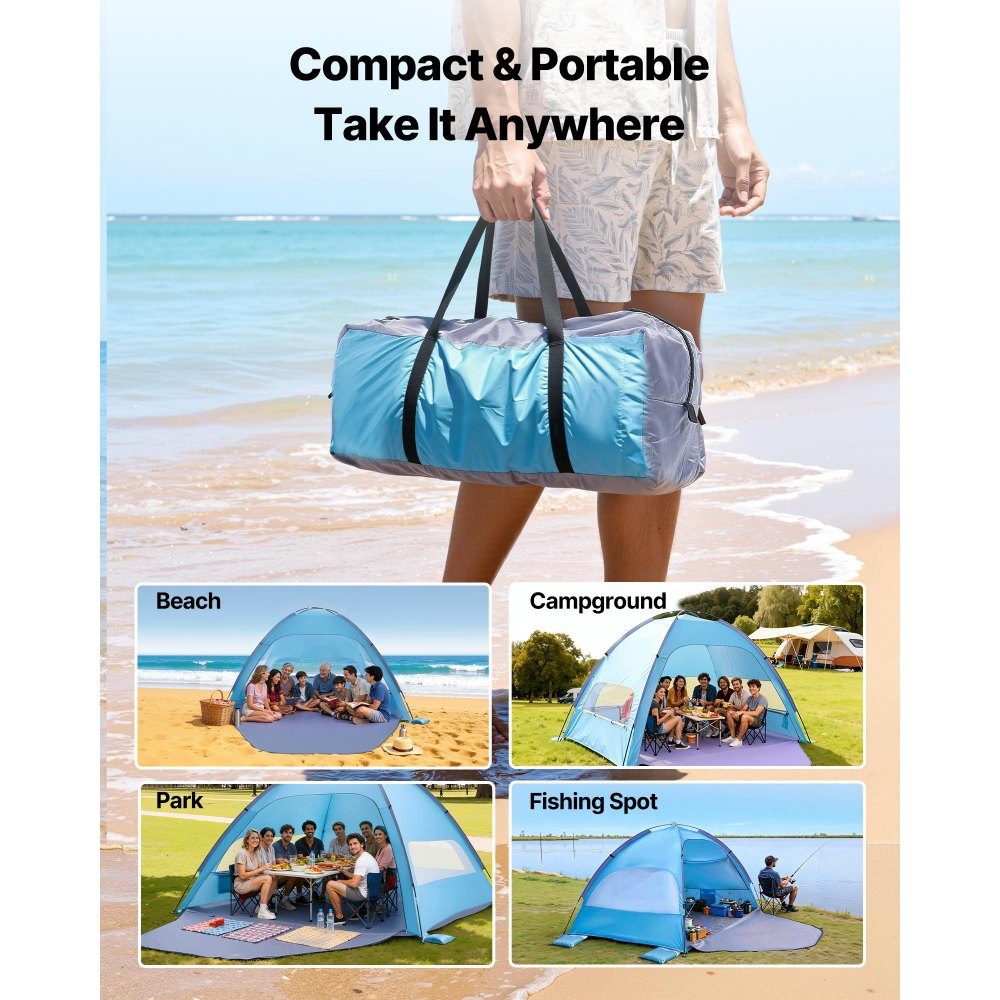 Strandtent Zonnescherm voor 8 personen, UPF 50+ bescherming, draagbare strandtent met draagtas en grondankers, lichtgewicht strandparaplu voor kamperen, vissen, picknicken, zonnetent