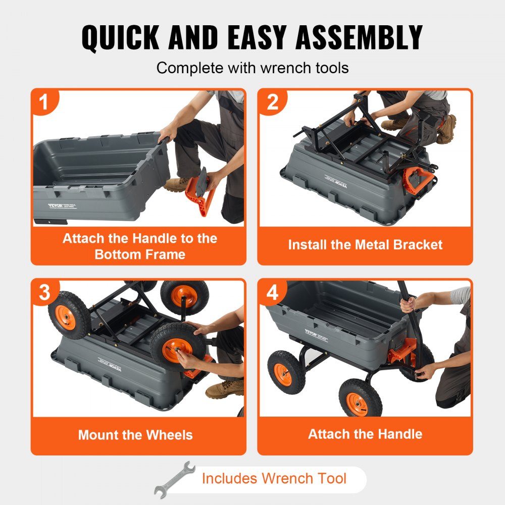 Trolley, Garden Cart with Easy to Assemble Steel Frame, Garden Cart with 2-in-1 Convertible Handle, Multi-Purpose Wheelbarrow with 680kg Load Capacity, 33cm Tires