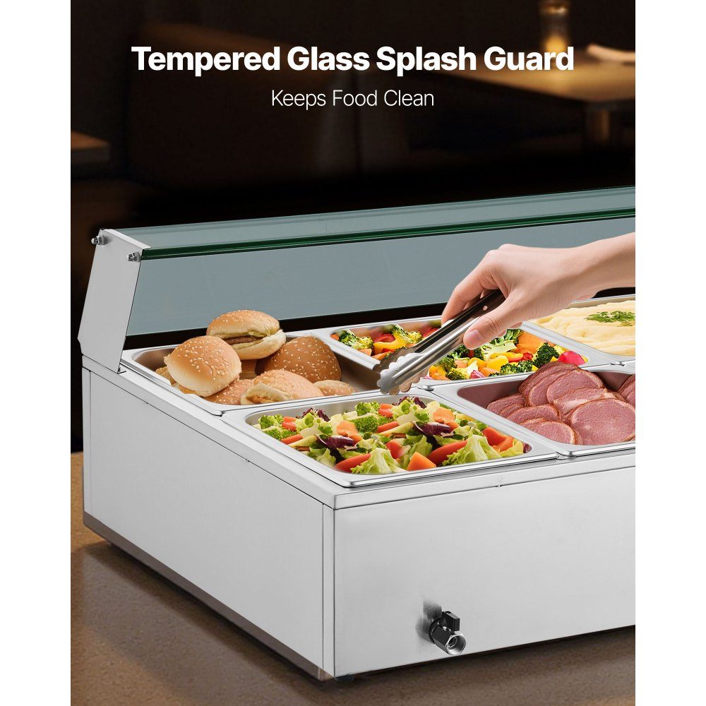 Commercial Food Warmer (10 x Size 1/2 Containers), 1.7KW Stainless Steel Electric Warming Container with Glass Cover and Soup Ladle, Chafing Dishes for Catering Restaurant Parties