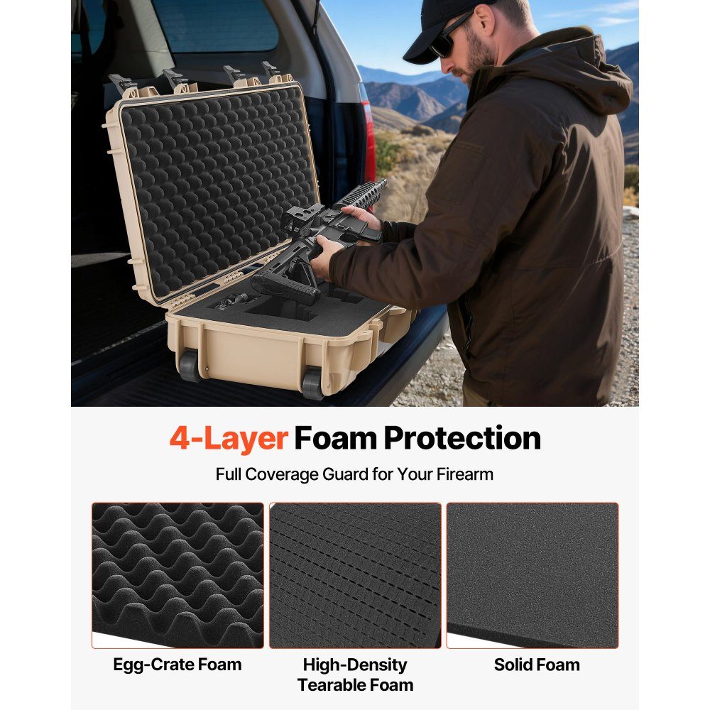 Gun Case with Hard Shell for Long Guns, Lockable Gun Case with Pre-Cut Foam, Long Gun Case, Gun Storage, Rollable, IP67 Waterproof, 97.8 x 42 x 17.3 cm, Khaki