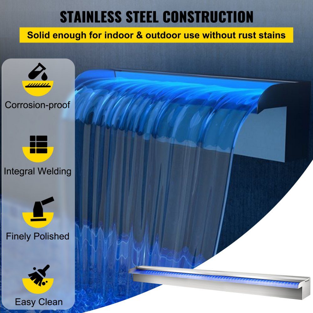Swimming Pool Waterfall Spiller 90x11.5x8cm Stainless Steel Swimming Pool Water Feature with Colorful LED Strip, Hose Connector, Remote Control, Corrosion Resistant Fountain for Pond Pool