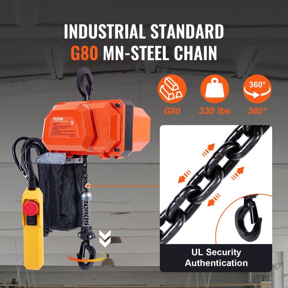Electric Chain Hoist, 150kg Load Capacity, 3m Lifting Height, Speed ​​2.3m/min, 230V Single Phase Overhead Crane with G80 Chain, 3m Wired Remote Control for Garage, Shop, Hotel, Home