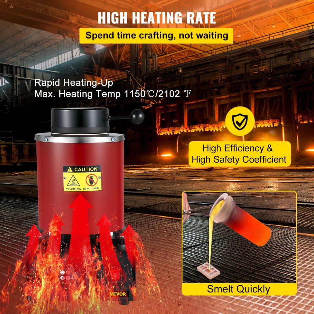 Goldschmelzofen 1350 W, 1150 ℃ max. Temperatur, digitaler elektrischer Schmelzofen, 3 kg Keramiktiegel mit Barrenmatrize und Handschuhen, für die Verarbeitung von Gold, Silber, Kupfer, Aluminium, Rot