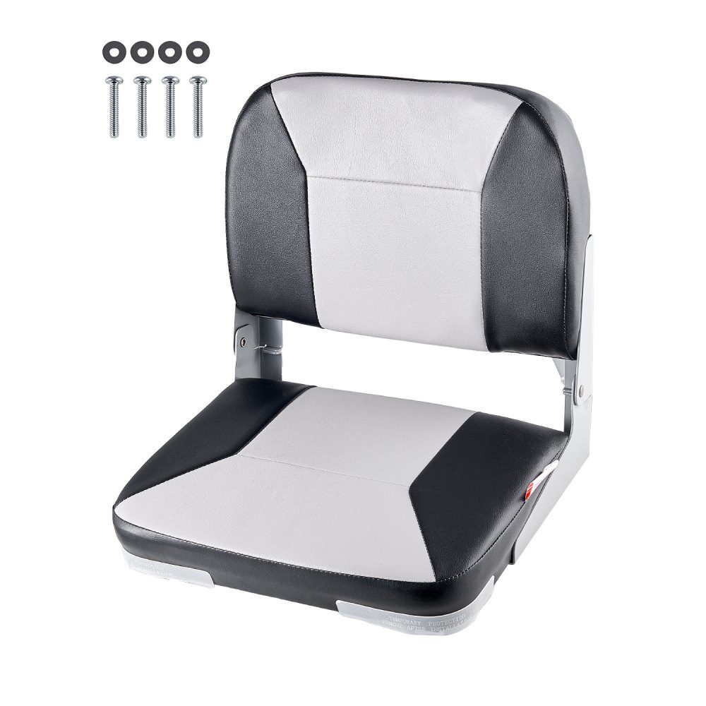 1 Piece Boat Seat Low Back Folding Fishing Boat Seat with Thick Sponge Cushion and Waterproof PVC Leather Aluminum Alloy Hinges Black Gray