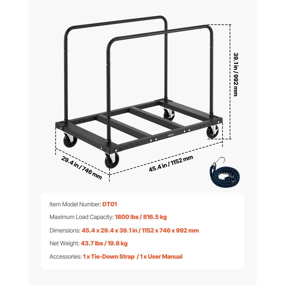 Tellerwagen 816 kg, Transportwagen mit 12,5 mm Lenkrollen, Tellerroller, Rohrwagen mit Zurrgurt & 2 seitlichen Handläufen, Transporthilfe für Fabrik, Lager, Garage, schwarz