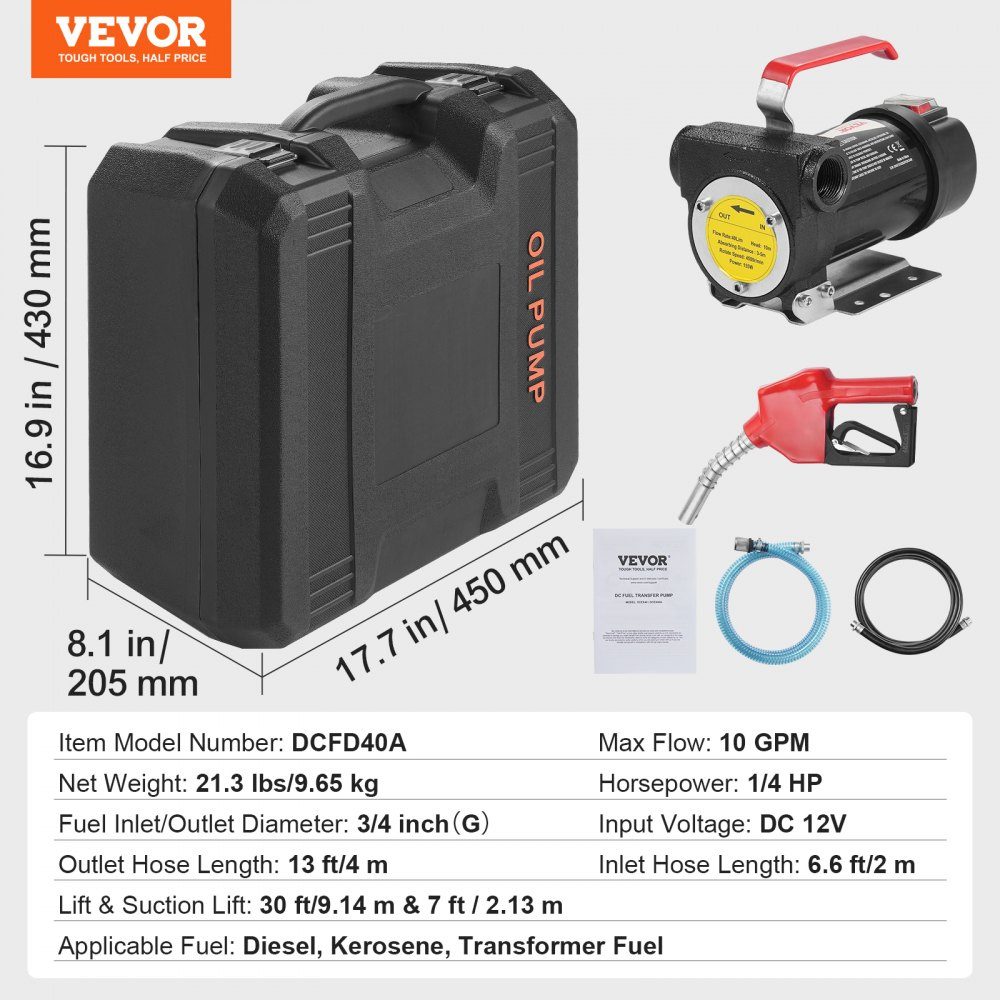 Dieselpomp 12V DC 10 GPM 1/4 HP Automatische pistooluitschakeling Brandstofpomp Hoge stroominlaat- en uitlaatslang voor diesel, kerosine, transformatorbrandstof