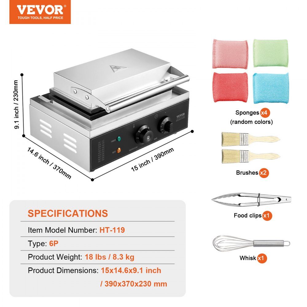 Commercial Waffle Iron Waffle Maker 6pcs 1500W Non-Stick Stainless Steel Corn Hot Dog Waffle Maker with Temperature and Time Control for Restaurant Bakery Snack Bar Family