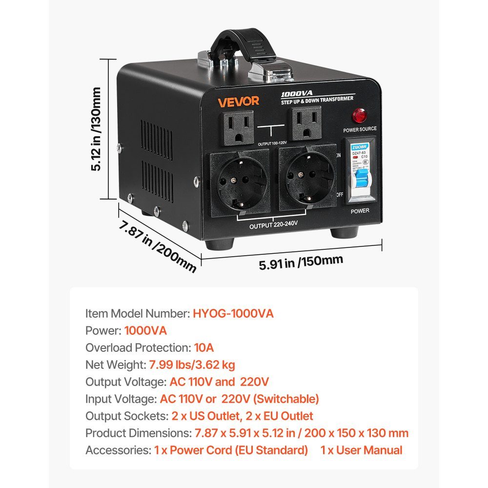 Voltage Converter Transformer, 1000VA Step Up/Down Power Transformer, 110V to 220V and 220V to 110V Conversion, with US and EU Sockets, Power Cord, Circuit Breaker