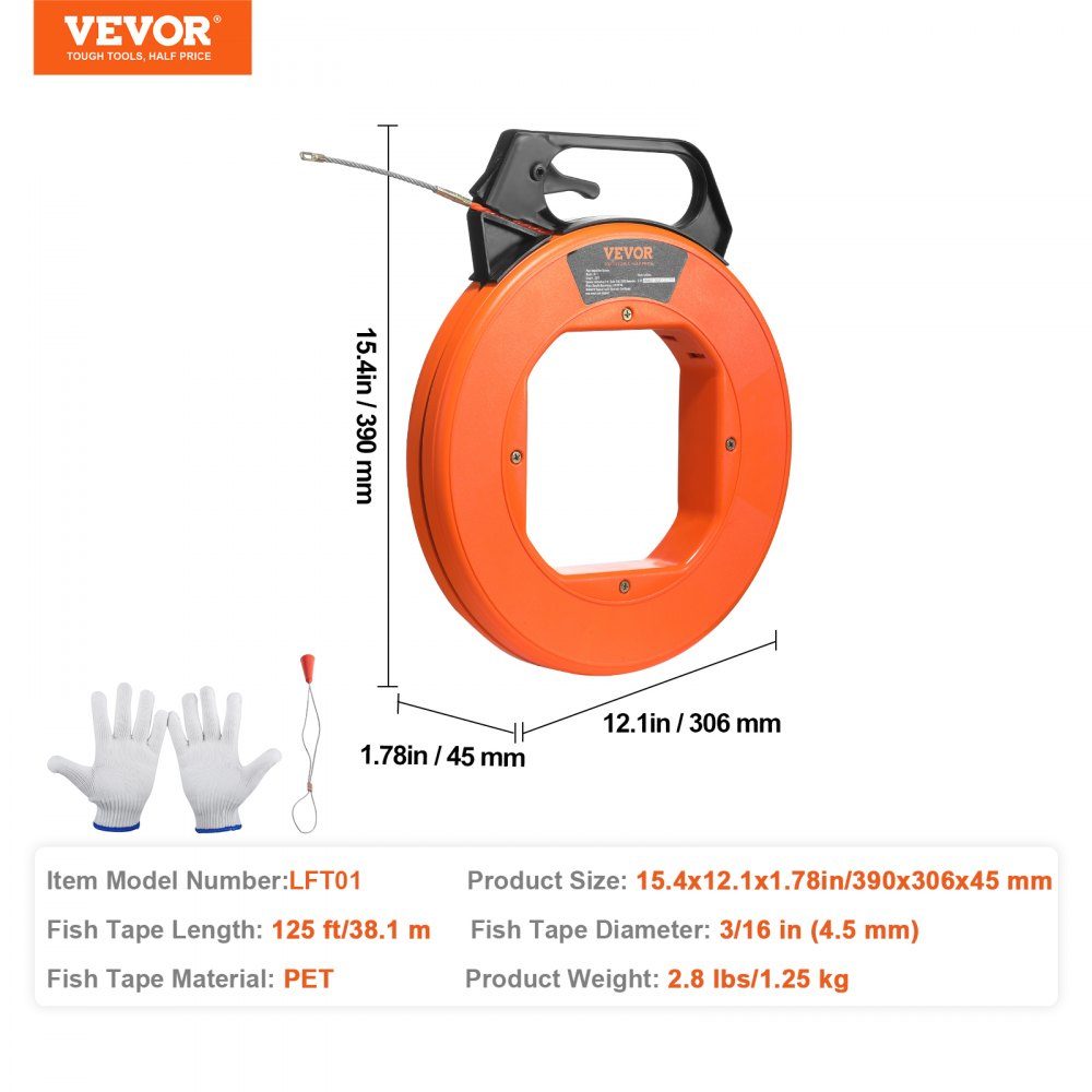 Aide à l'extraction de câbles 38,1 m Spirale d'extraction de haute qualité en PET avec gants en coton et fixation Câble de traction pour conduits vides avec câble incassable [4,5 mm] Ressort d'extraction Aide à l'extraction