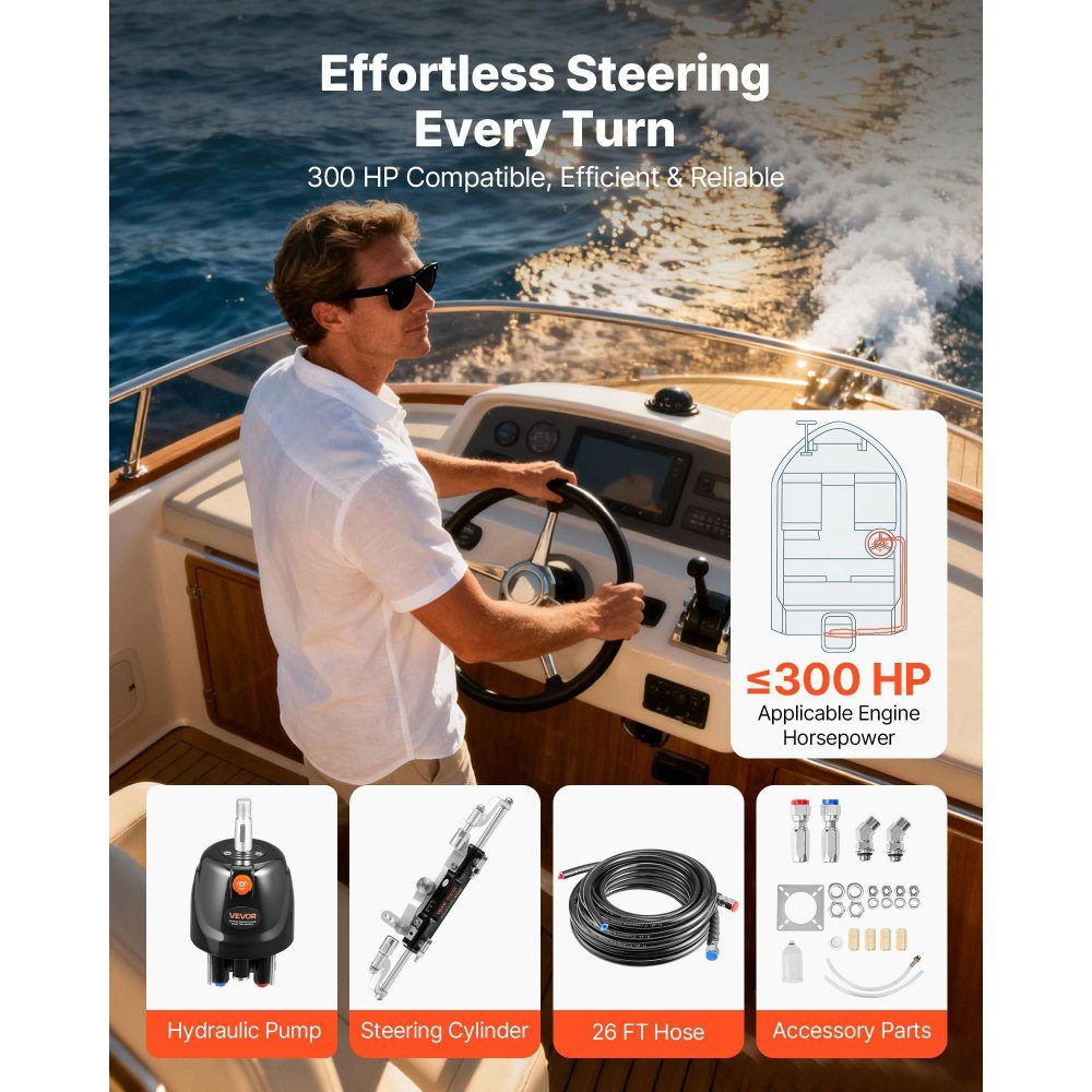Outboard Hydraulic Steering Kit 220kW (300HP) Hydraulic Boat Steering System with 6.9MPa Steering Pump, Two Way Lock Cylinder and 7.9m Hoses, for Single Helm, Single Engine