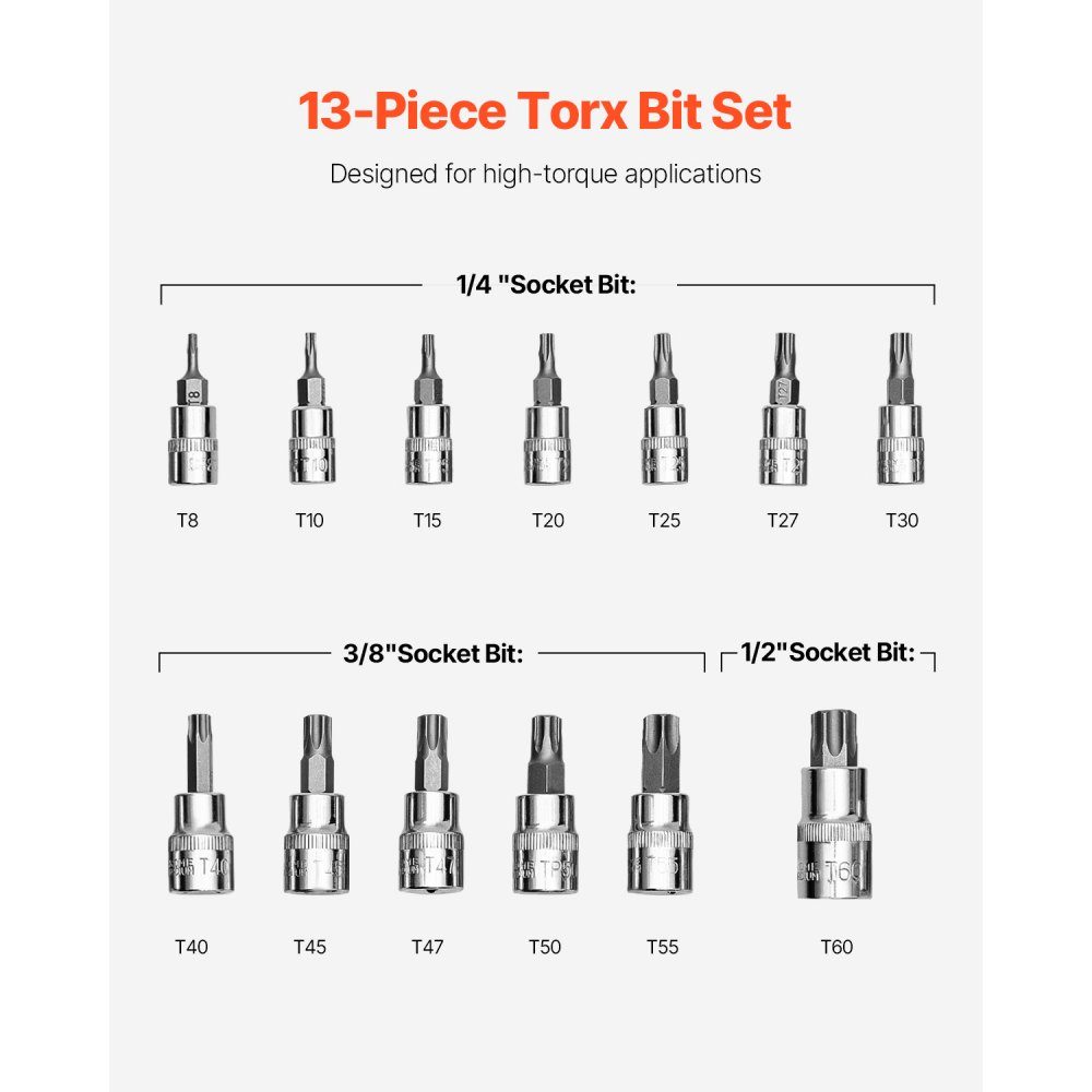 Jeu de clés à douille Torx 13 pièces. Star T8-T60 S2 en acier allié et acier cr-v, entraînements 1/4 ", 3/8" et 1/2 "avec mallette de rangement, clé à douille Torx pour la réparation automobile