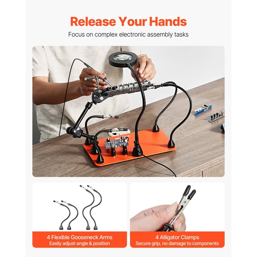 Third-hand soldering aid, magnetic soldering station, with 3x LED magnifying lamp, 4 circuit board holders & 360 degree hot air gun holder, base station for repairs, crafts & hobbies