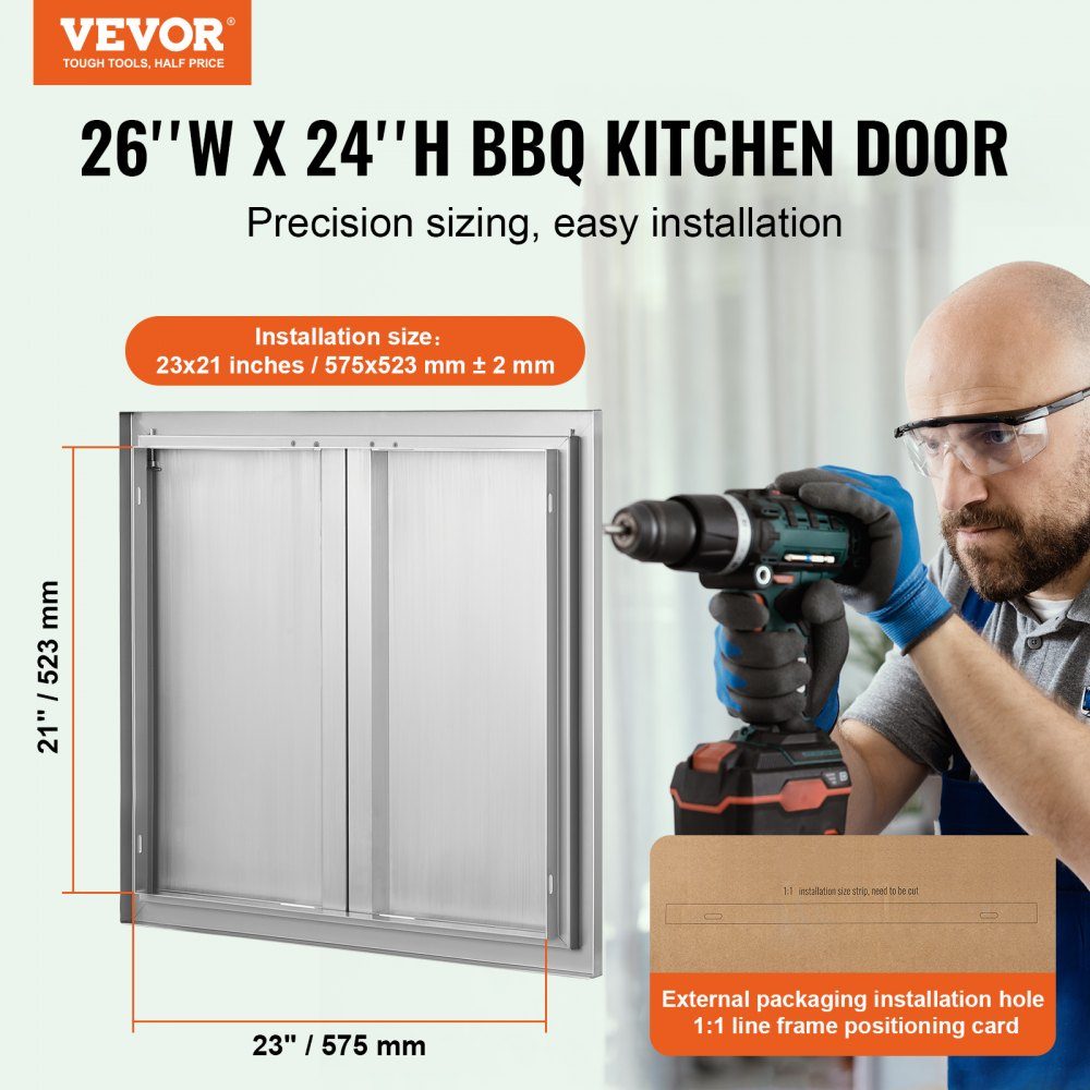 Grilltoegangsdeur 660x610mm Dubbele buitenkeukendeur Inbouw roestvrijstalen deur Verticale muurdeur met intrekbare handgrepen voor grilleiland Grillstation Buitenkast