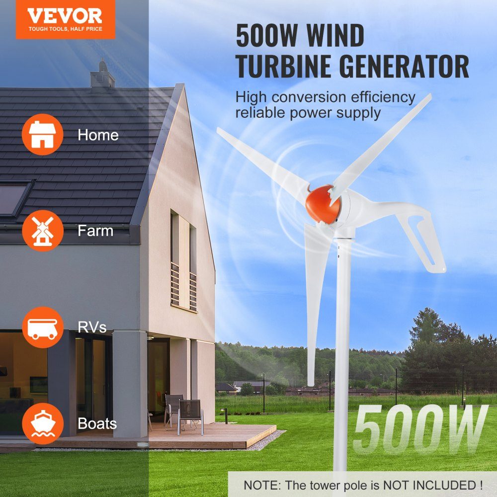 500W Wind Turbine, 12V Wind Generator, 3 Blade Wind Generator with Anemometer, MPPT Controller and Adjustable Wind Direction, Suitable for Home, Farm, RV, Boat
