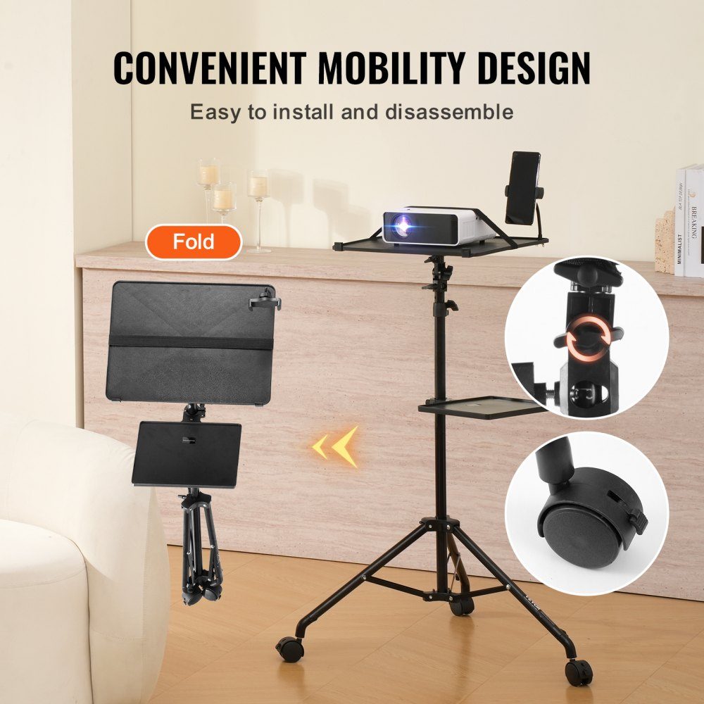 Projectorstandaard met wielen, laptopstandaard, statief, in hoogte verstelbaar van 795 tot 1710 mm, projectorstatief met 2 planken en zwanenhals telefoonhouder, buiten/kantoor/studio, thuis