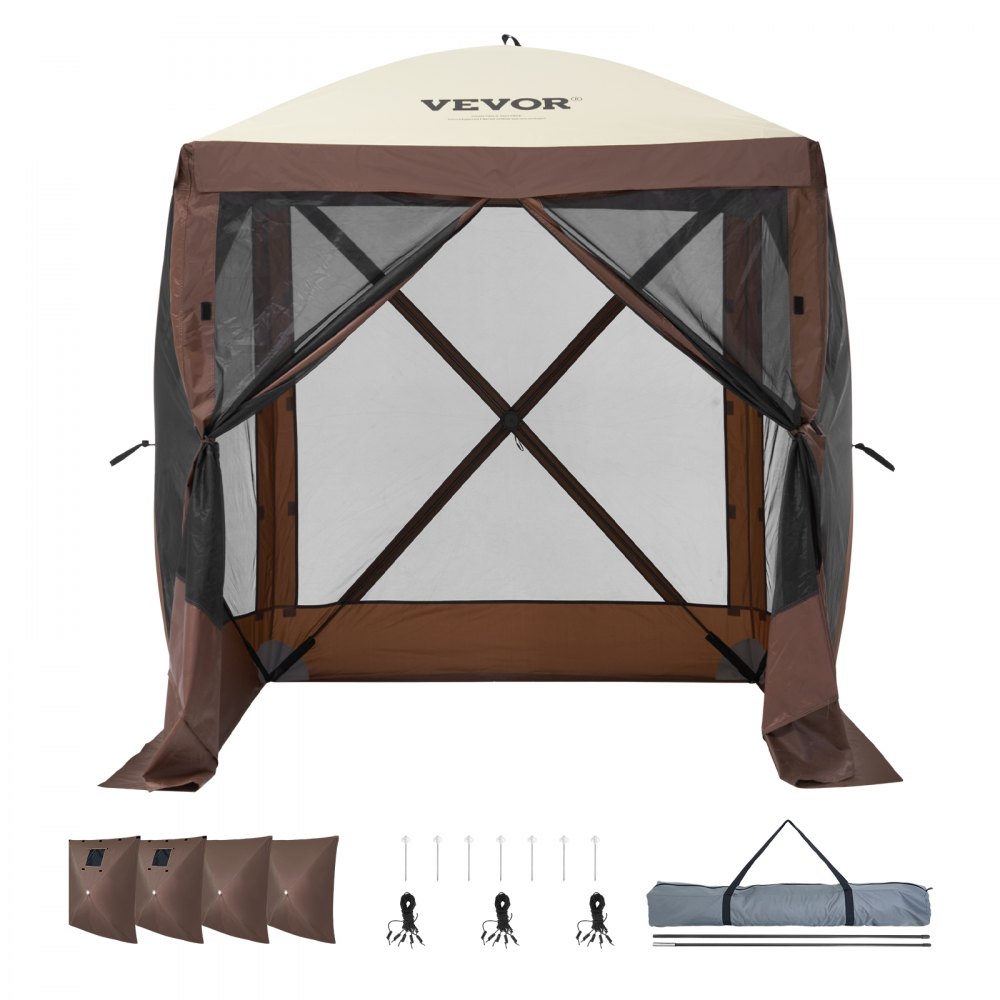Pop-Up-Pavillon-Zelt, Pop-Up-Zelt mit 4 Seitenüberdachungen, Sonnenschutz mit 4 abnehmbaren Sichtschutz-Windtüchern und Netzfenstern, 6 x 6 Fuß, schnell aufzubauendes Zelt mit Moskitonetz, Braun