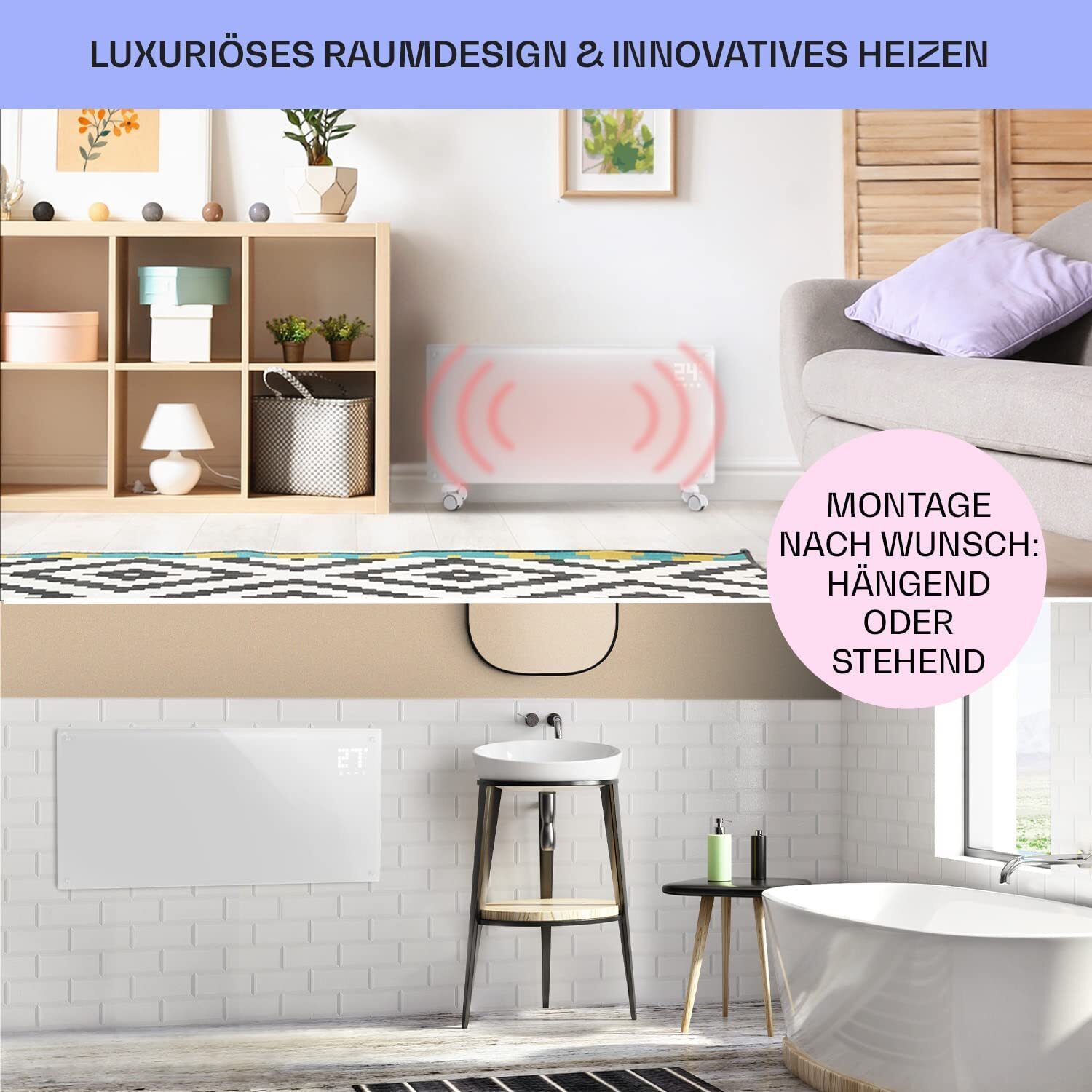 Klarstein Elektroheizung, Konvektorheizung mit Bodenrollen, mobile Elektroheizung, energiesparende, schlanke, leise Elektroheizung, freistehender Elektroheizkörper mit Thermostat, 2000 W