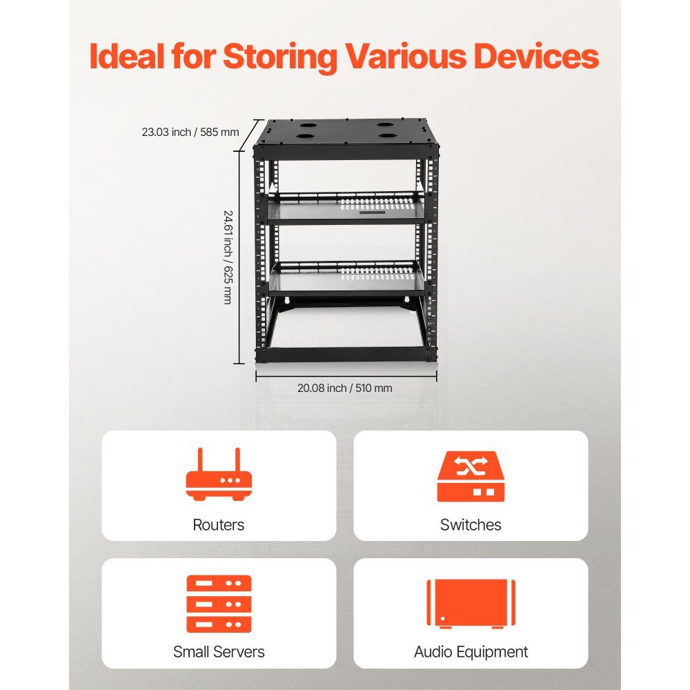 12U-Netzwerk-Rack mit offenem Rahmen, 585 mm Tiefe, Wandmontage- oder Stand-Server-Rack, 4-Pfosten-Konstruktion, mit belüfteten Regalen und Montagezubehör, für Netzwerk-IT-Geräte und AV-Geräte
