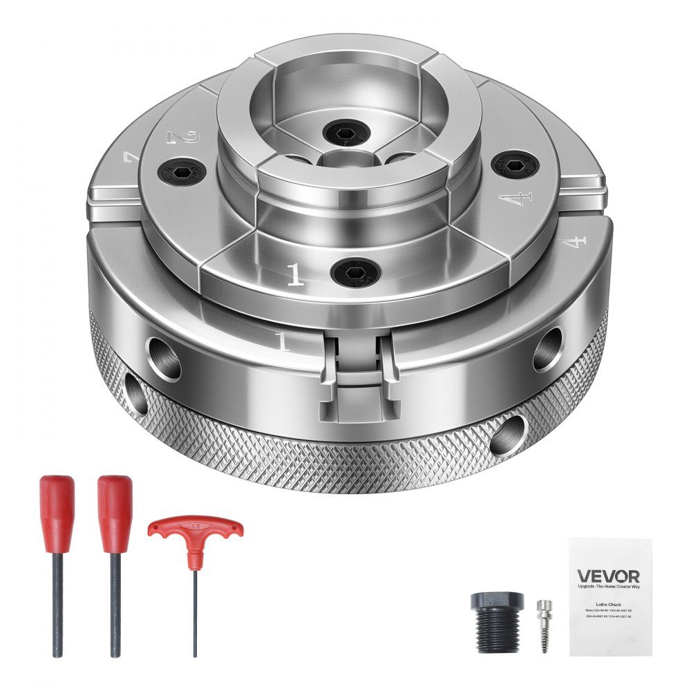 4" klauwplaat, centreerklauwplaat met 4 klauwen met 1" x 8 TPI draad en adapter, vernikkelde bekken van hoogwaardig staal, spreiders en klemmen voor houtbewerking