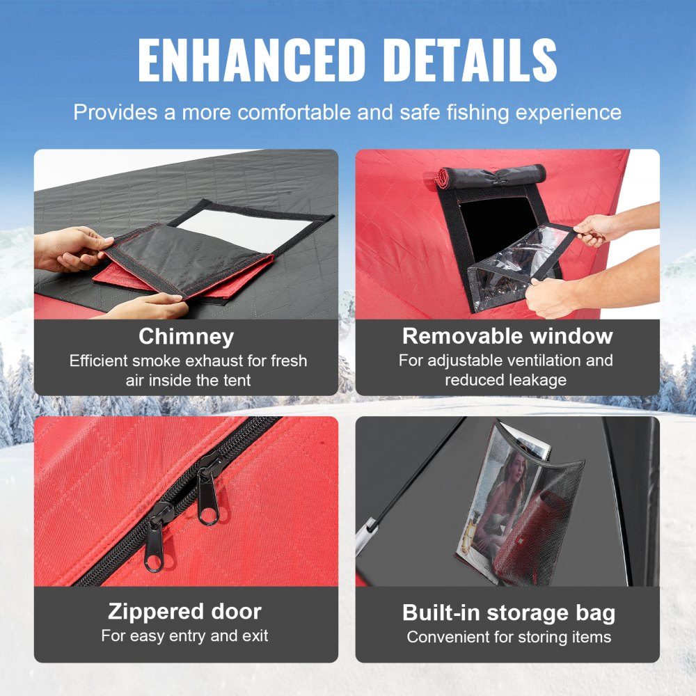 Portable Ice Fishing Tent, Pop Up Ice Fishing Tent for 3-4 People, Fishing Tent, Fishing Umbrella, Thermal Ice Hut for Winter Fishing, Tent with Anchors, Ropes, Carry Bag, 1.8x1.8x2m, Red