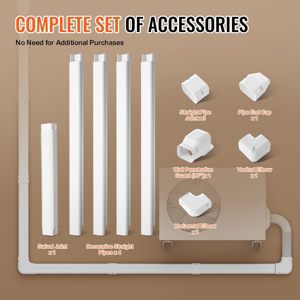 Mini Split Line Set Cover 76.2mm W 4830mm L Decorative PVC Pipe Cover for Air Conditioner with 4 Straight Ducts and Complete Components Paintable for Heat Pump White