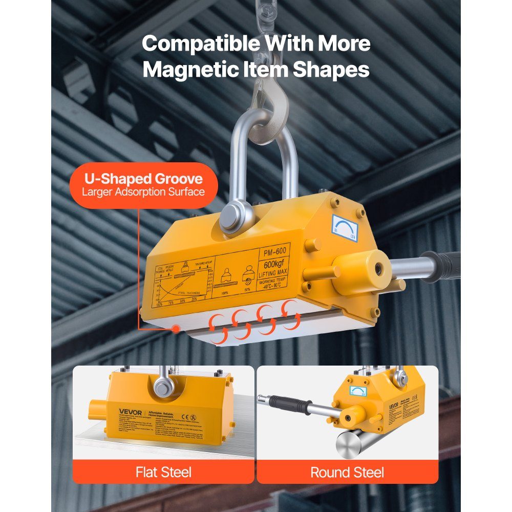 Load lifting magnet permanent magnet lifter 600 kg pulling force lifting magnet with release handle & steel hook, used in workshop cranes and hoists, for lifting steel plates, boards