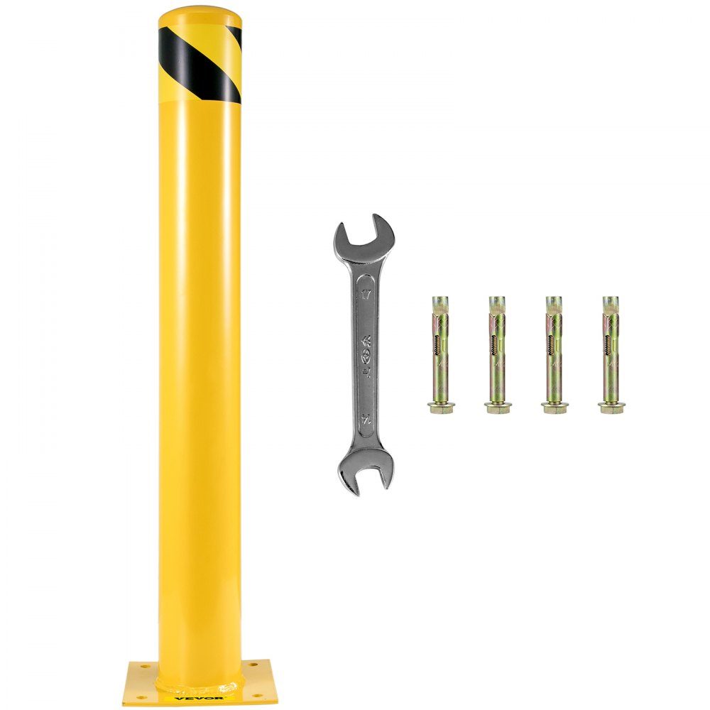 Borne de sécurité, poteau de borne de 36" de haut, poteau de borne de sécurité en acier tubulaire de 5,5" de diamètre, borne en acier jaune, borne de sécurité en acier avec 8 boulons d'ancrage