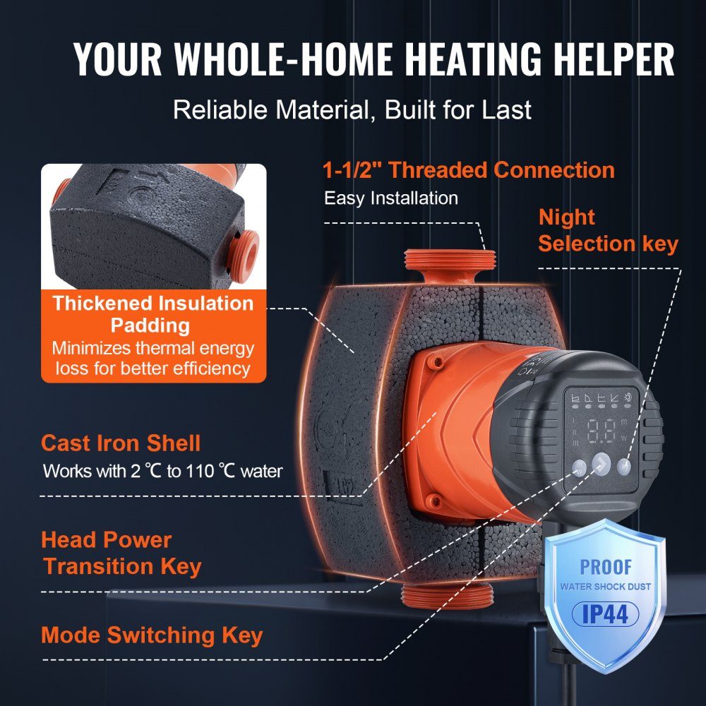 Hot Water Circulation Pump Energy Efficient High Efficiency Heat Pump ECM Permanent Magnet Motor 220V 45W 60L/min Flow rate, 6M max head, 1.5" thread connection, 5 intelligent control modes, low noise