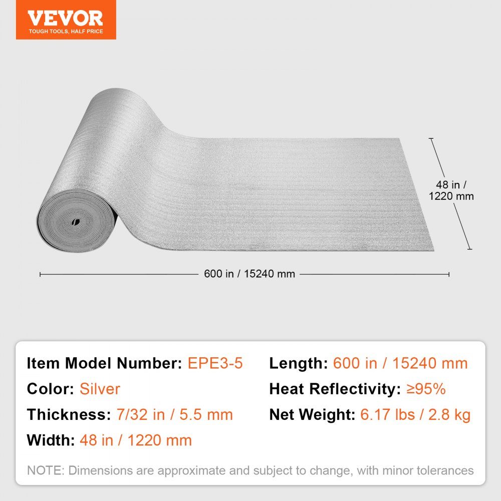 Double Reflective Insulation Roll, Radiant Barrier with Foam Core, 5.5mm, 48" x 50ft, Double Sided Heat Reflective Sign Made of Aluminum Foil and EPE Foam, Thermal Insulation Roll for Windows and RV Roofs