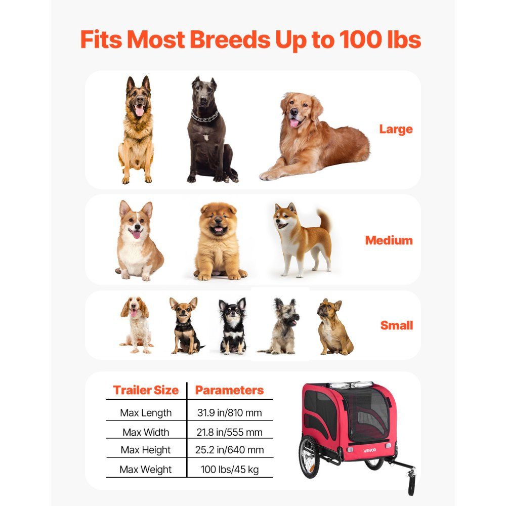 Dog Trailer Up to 45kg Pet Cart Bike Carrier for Small and Large Dogs Folding Frame with Wheels Universal Bike Hitch Includes Flag Internal Leash 1350 x 720 x 840mm