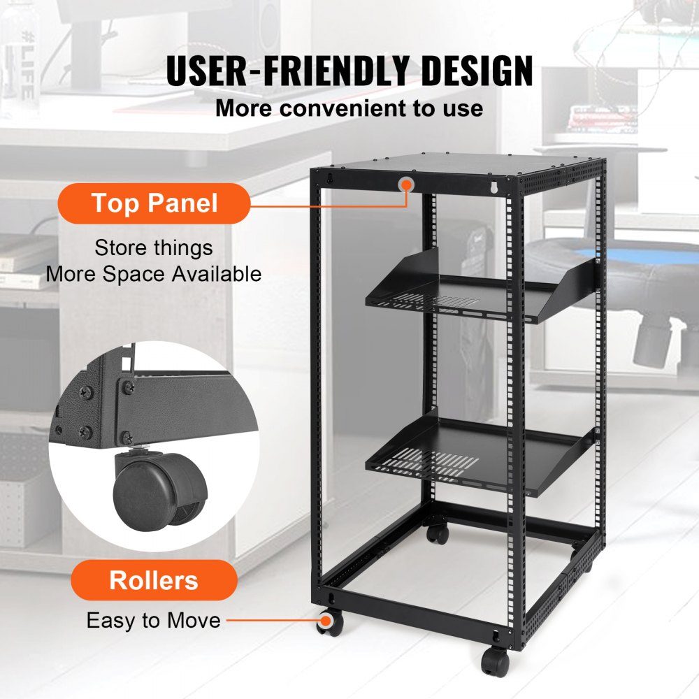 20U open frame server rack, freestanding or wall mounted network server rack, 4 post AV rack with wheels, can accommodate all your network IT equipment and AV equipment