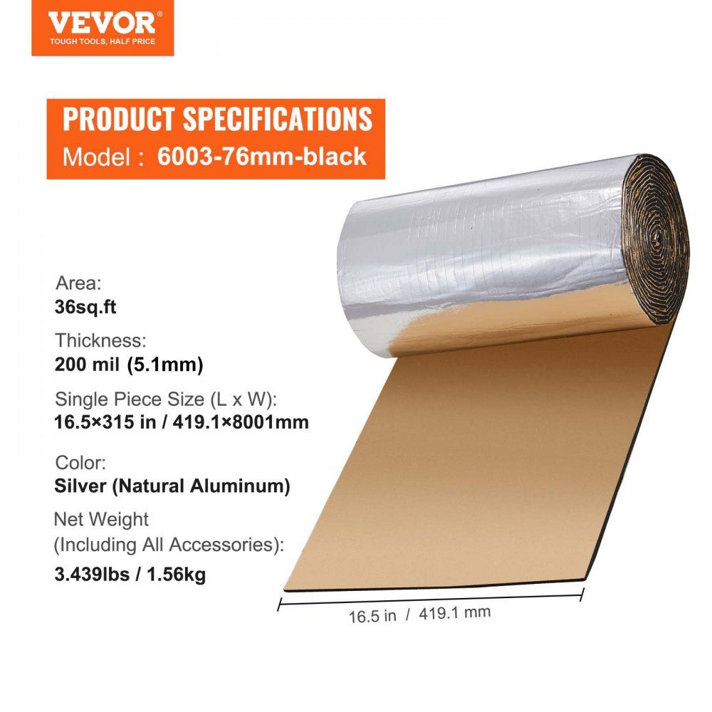 Tapis d'isolation de voiture 3,3 m² Tapis anti-battement 419,1 x 8001 mm Isolation de véhicule Feuille d'aluminium de 200 mil (5 mm) d'épaisseur Tapis insonorisant Résistant à la chaleur Isolation phonique Isolation acoustique Isolation phonique