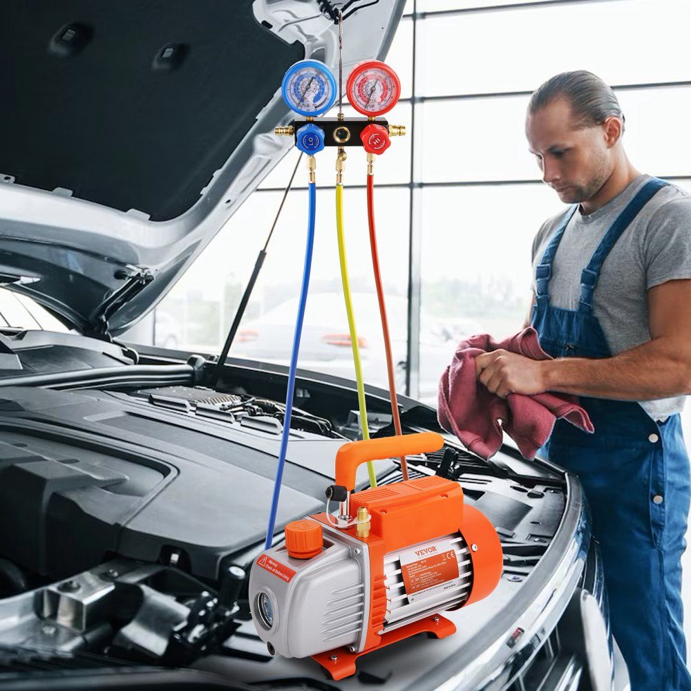 Vakuumpumpe 100 l/min, Vakuumpumpe, 1-stufig, 220 V/50 Hz, 1440 U/min, 800–4000 PSI (55–276 bar), 250 ml Ölkapazität, Vakuumausrüstung, Verteiler, Manometer-Set für Klimaanlagen, Fahrzeugkühlsysteme