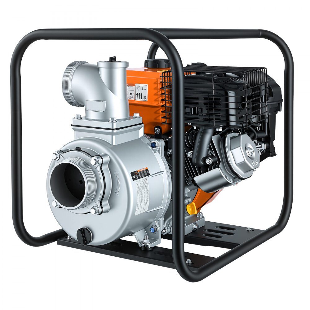 Pompe à eau essence 422 GPM, pompe à eau sale de 4 pouces, pompe à moteur de 8,3 CV portable avec tuyau de refoulement de 7,62 m et pompe de refoulement d'eau à turbine en fonte pour l'irrigation, le drainage, les chantiers de construction, les étangs