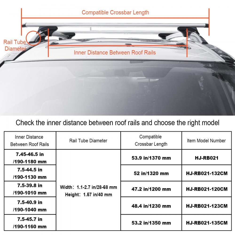Porte-bagages de toit universel pour voiture, barre transversale en aluminium, capacité de charge de 90 kg, pour rail latéral surélevé avec espace, adapté à la distance intérieure de la poutre de toit 19-116 cm, diamètre du tube 28-68 mm