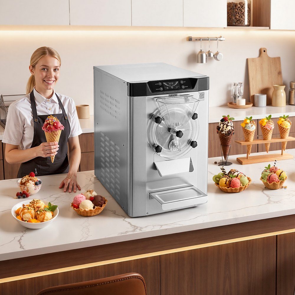 Commerciële ijsmachine, ijsmachine, 2000W, 12-20L/H, gelato-machine op aanrecht met 6L roestvrijstalen (304) container en zelfreinigend LED-bedieningspaneel voor snackbars, restaurants, zilver